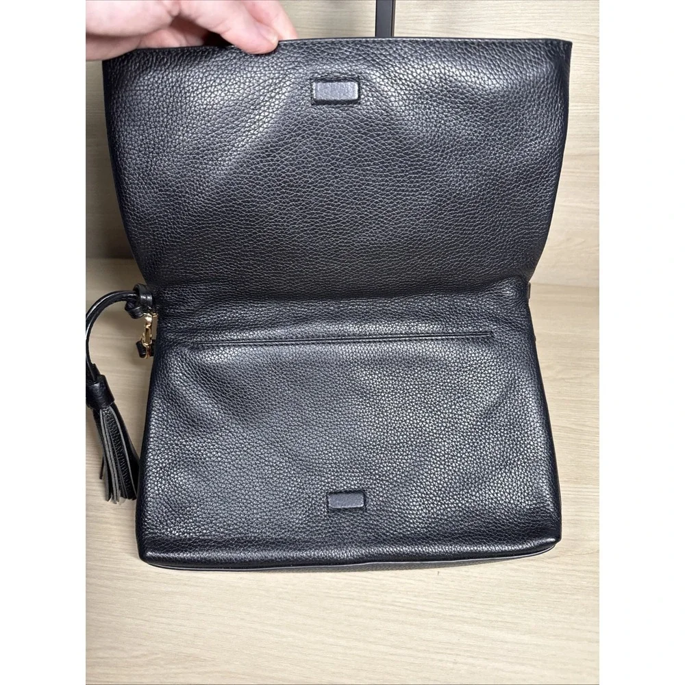 Tory‎ Burch Thea Black Leather Fold Over Purse Crossbody Bag Tassels Adjustable
